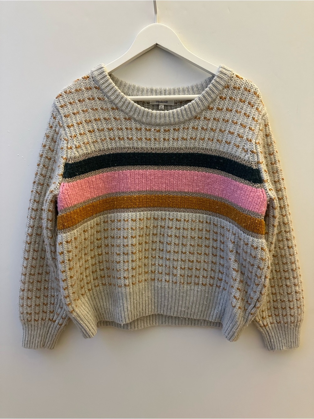Madewell Cream Crewneck Sweater with Pink, Mustard & Dark Green Stripes